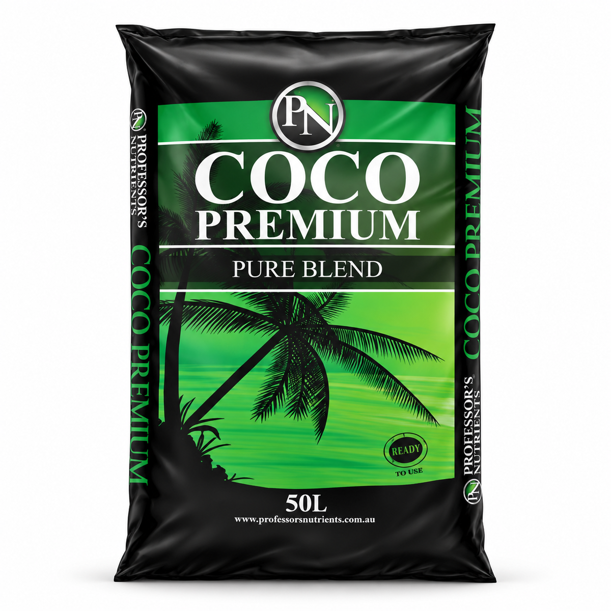 AI-created clean studio render of the Professor's Nutrients Coco Premium Pure Blend 50L bag on a white background.