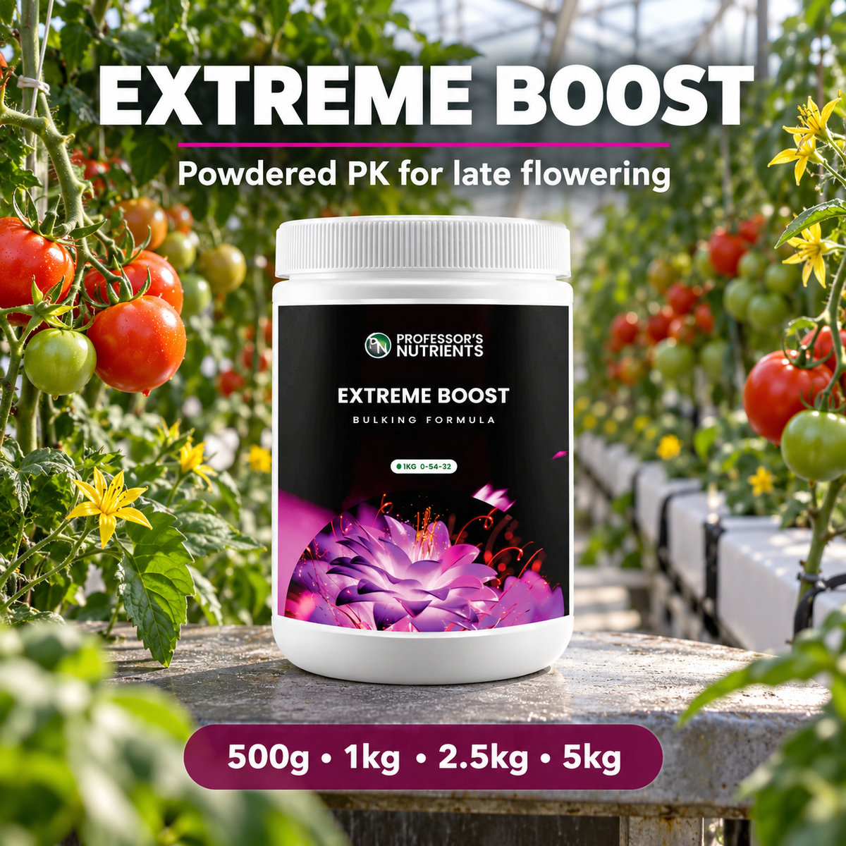 General advertisement for PROFESSORS EXTREME BOOST showing the white 1kg tub in a flowering tomato greenhouse with 500g, 1kg, 2.5kg and 5kg availability.