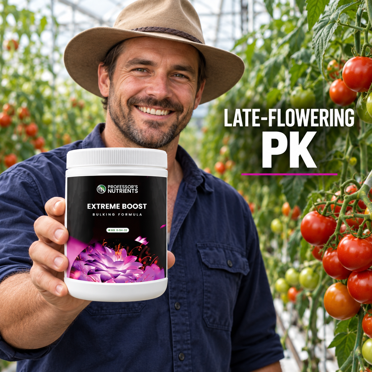 Adult Australian tomato greenhouse grower presenting a closed white 1kg tub of PROFESSORS EXTREME BOOST.