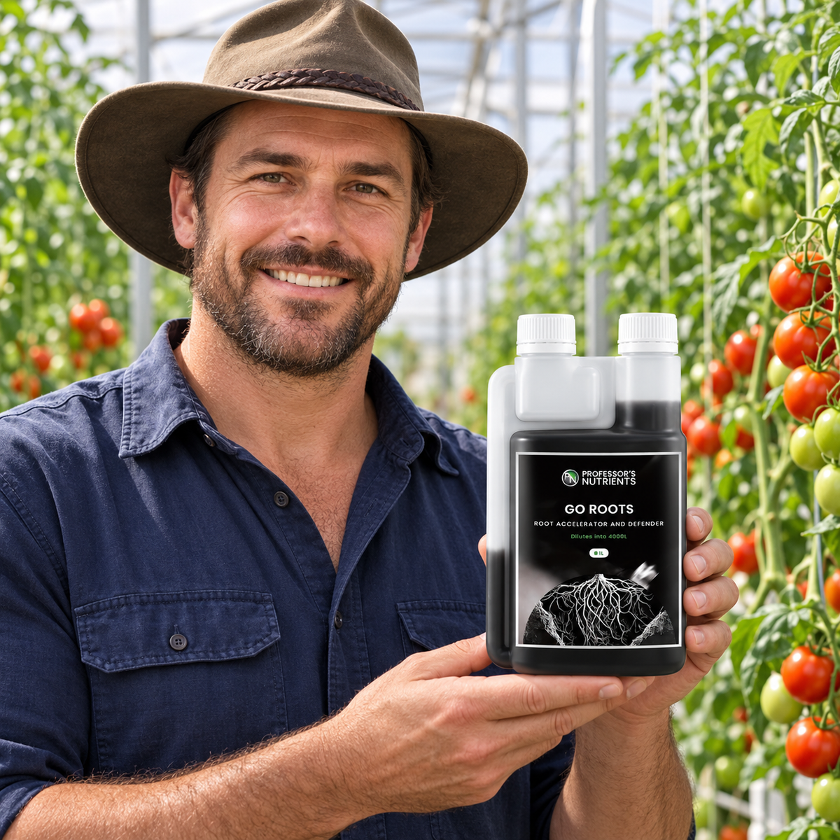 Adult Australian tomato greenhouse grower presenting a closed 1L twin-neck bottle of PROFESSORS GO ROOTS.