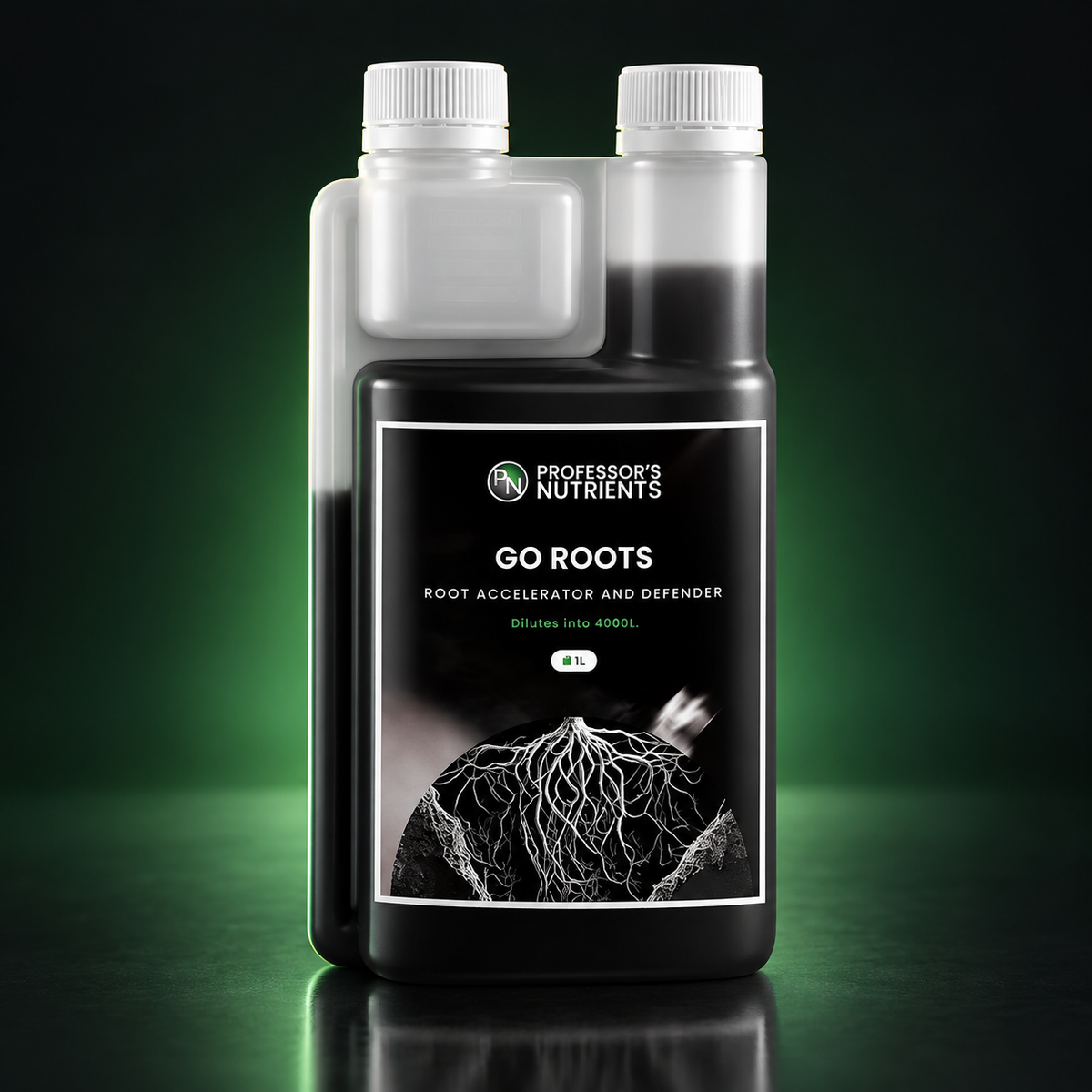 Premium studio render of the closed PROFESSORS GO ROOTS 1L twin-neck bottle with black label, green accent and root-ball artwork.