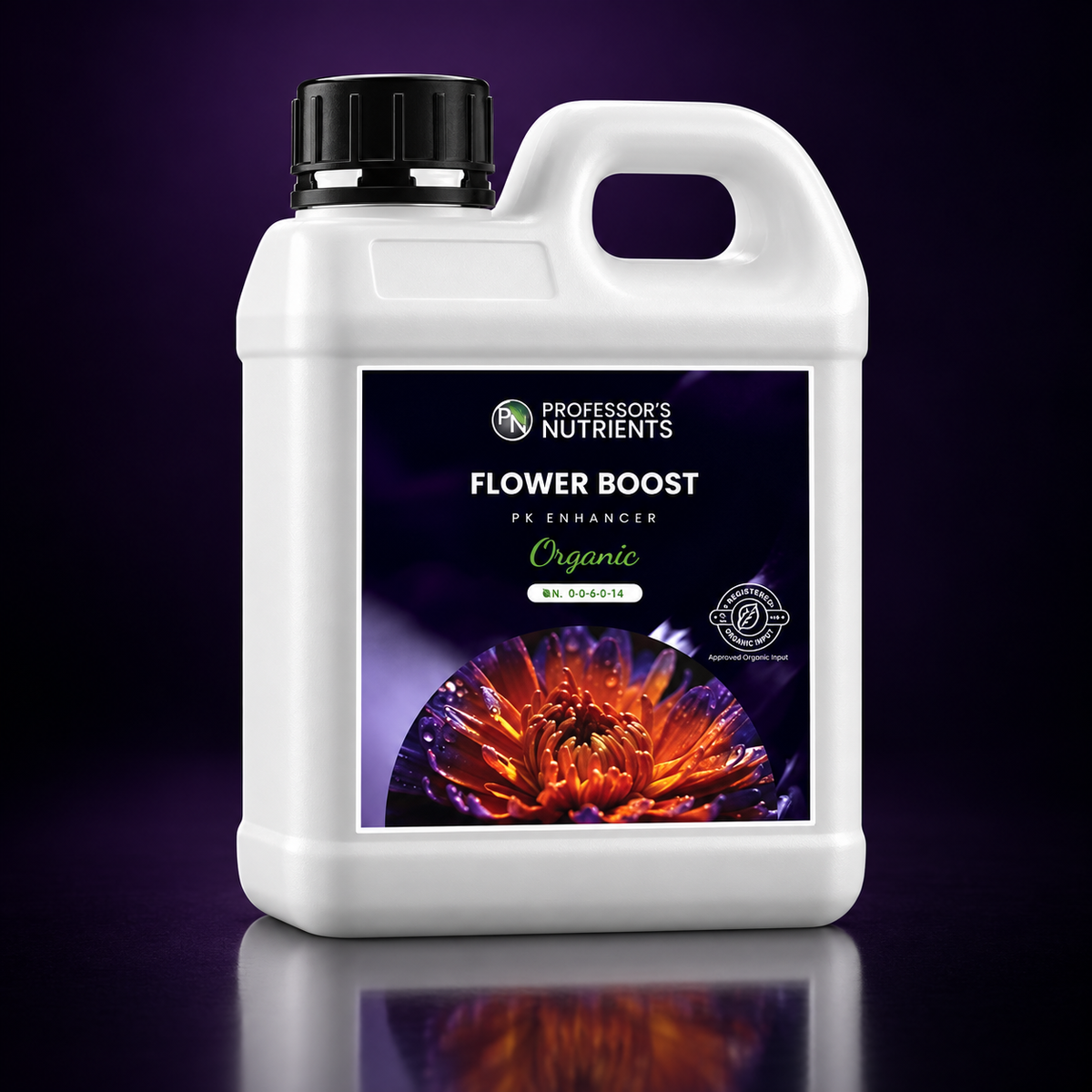 Premium studio render of the closed white PROFESSORS ORGANIC FLOWER BOOST 1L handled bottle with black organic PK-enhancer label.