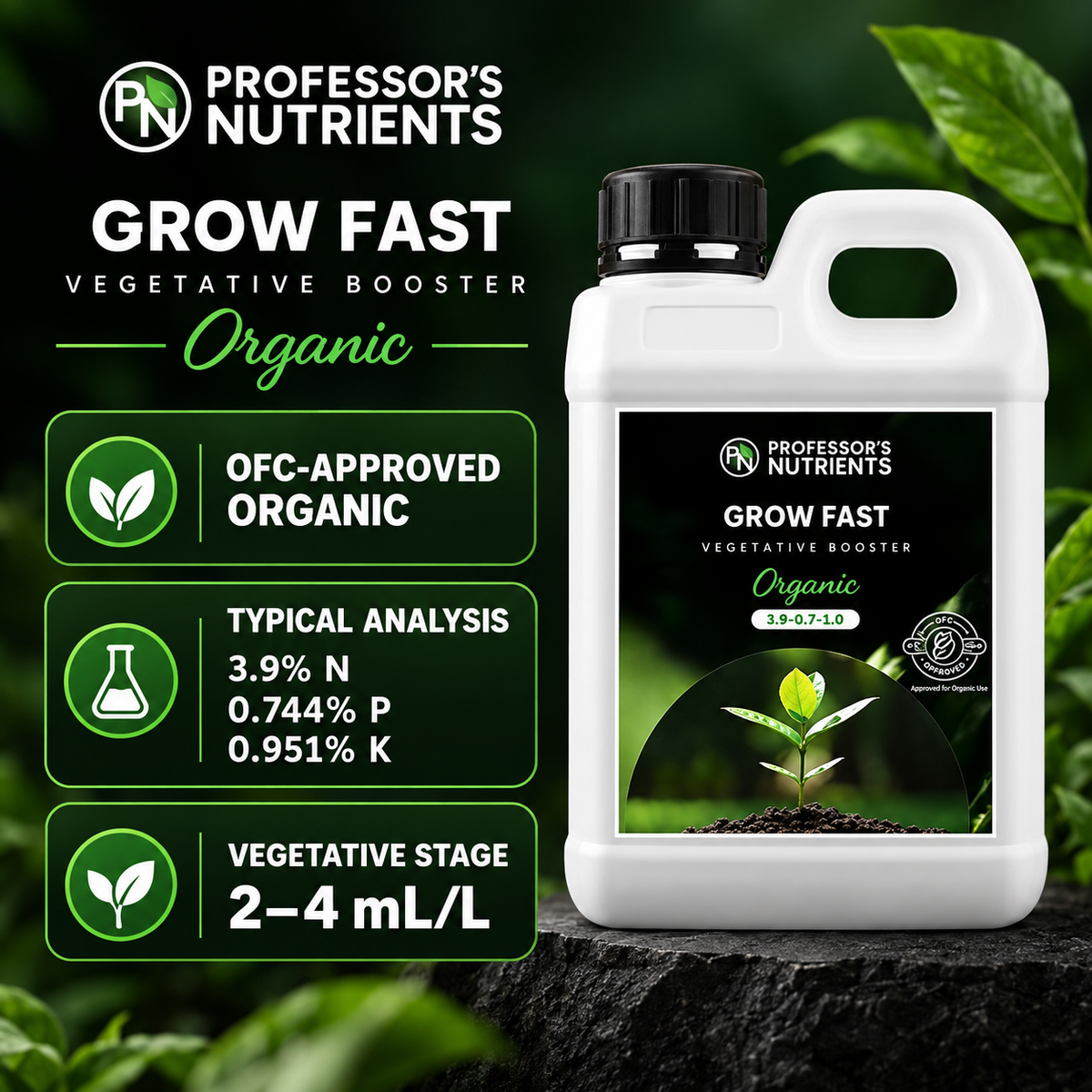 PROFESSORS ORGANIC GROW FAST features infographic showing OFC-approved organic status, typical N-P-K analysis, vegetative-stage use and 2–4mL/L rate.