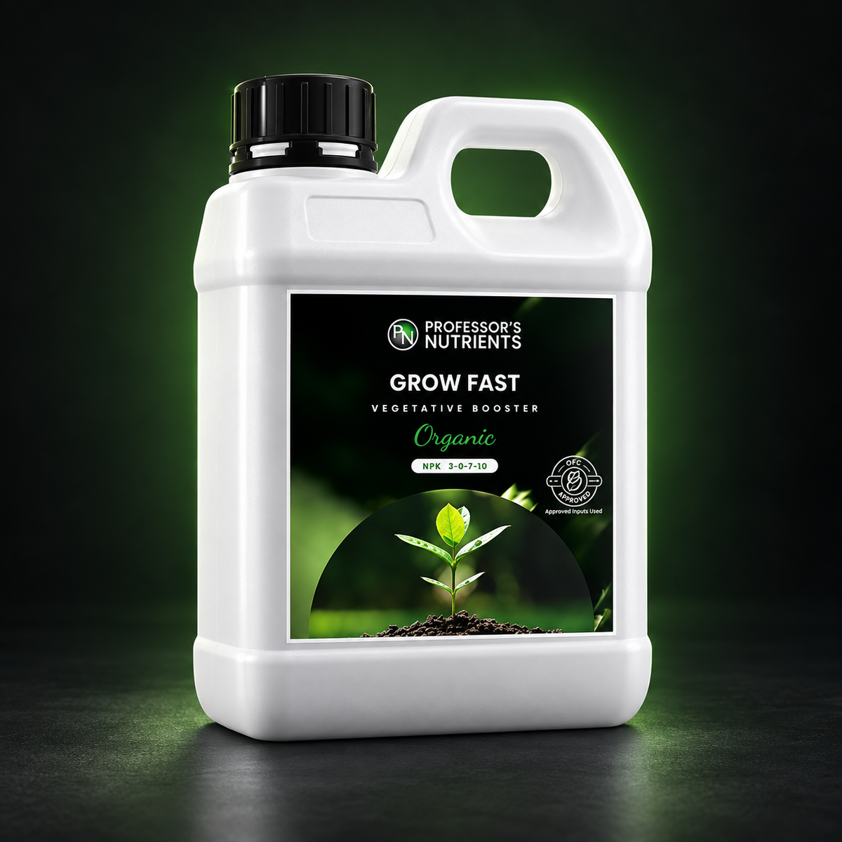 Premium studio render of the closed white PROFESSORS ORGANIC GROW FAST 1L handled bottle with black and green organic vegetative-booster label.