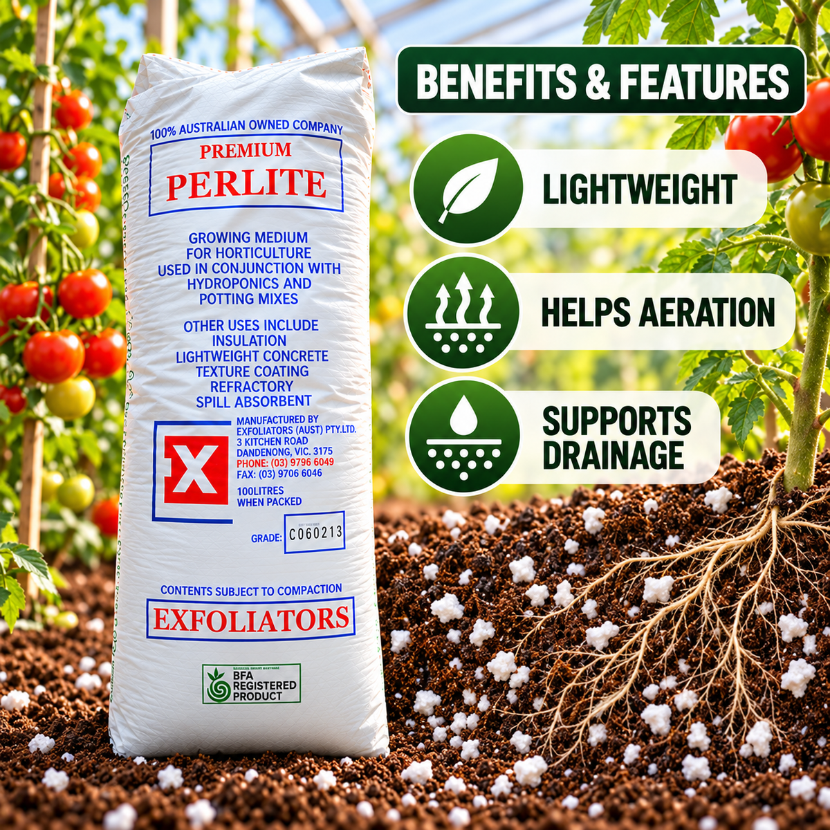 AI-created benefits graphic for Exfoliators Premium Perlite Coarse Grade 100L showing lightweight media, aeration and drainage support.