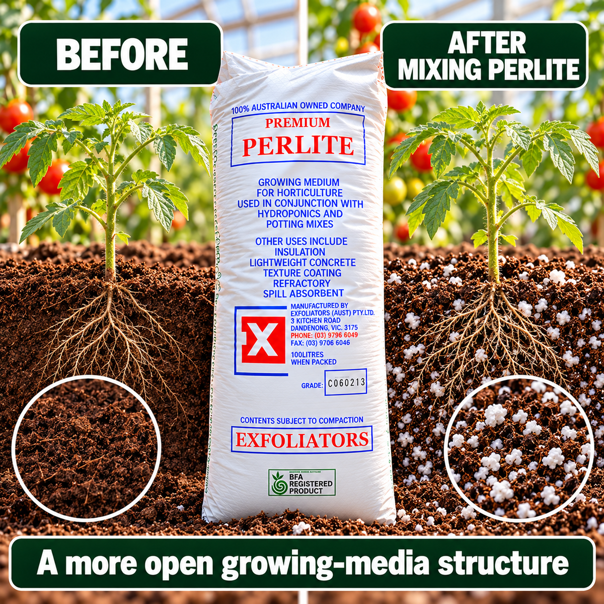 AI-created before-and-after growing-media texture comparison showing coco or soil before and after mixing Exfoliators Premium Perlite.