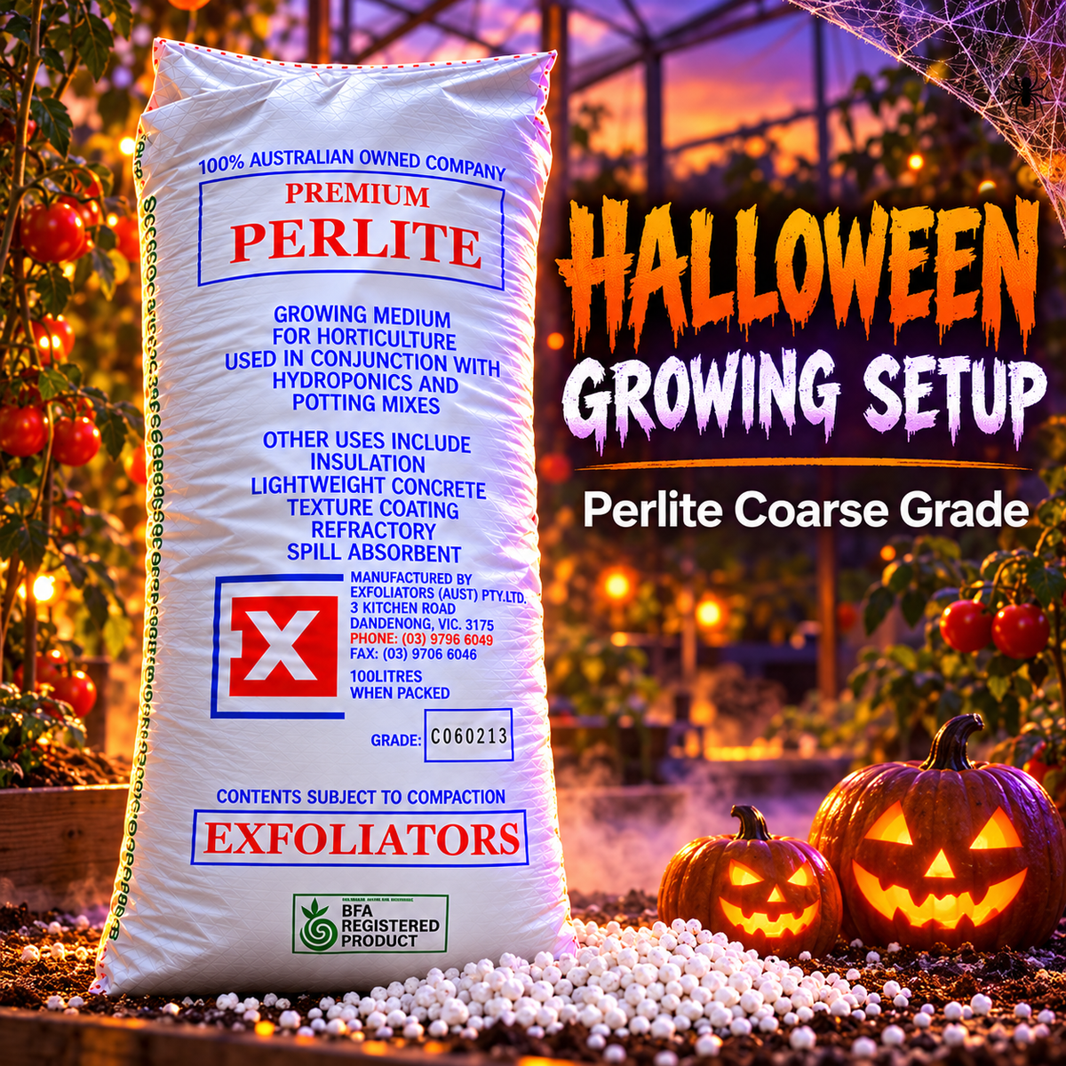 AI-created Halloween hero featuring Exfoliators Premium Perlite Coarse Grade 100L with orange-purple greenhouse lighting, pumpkins and tomato plants.