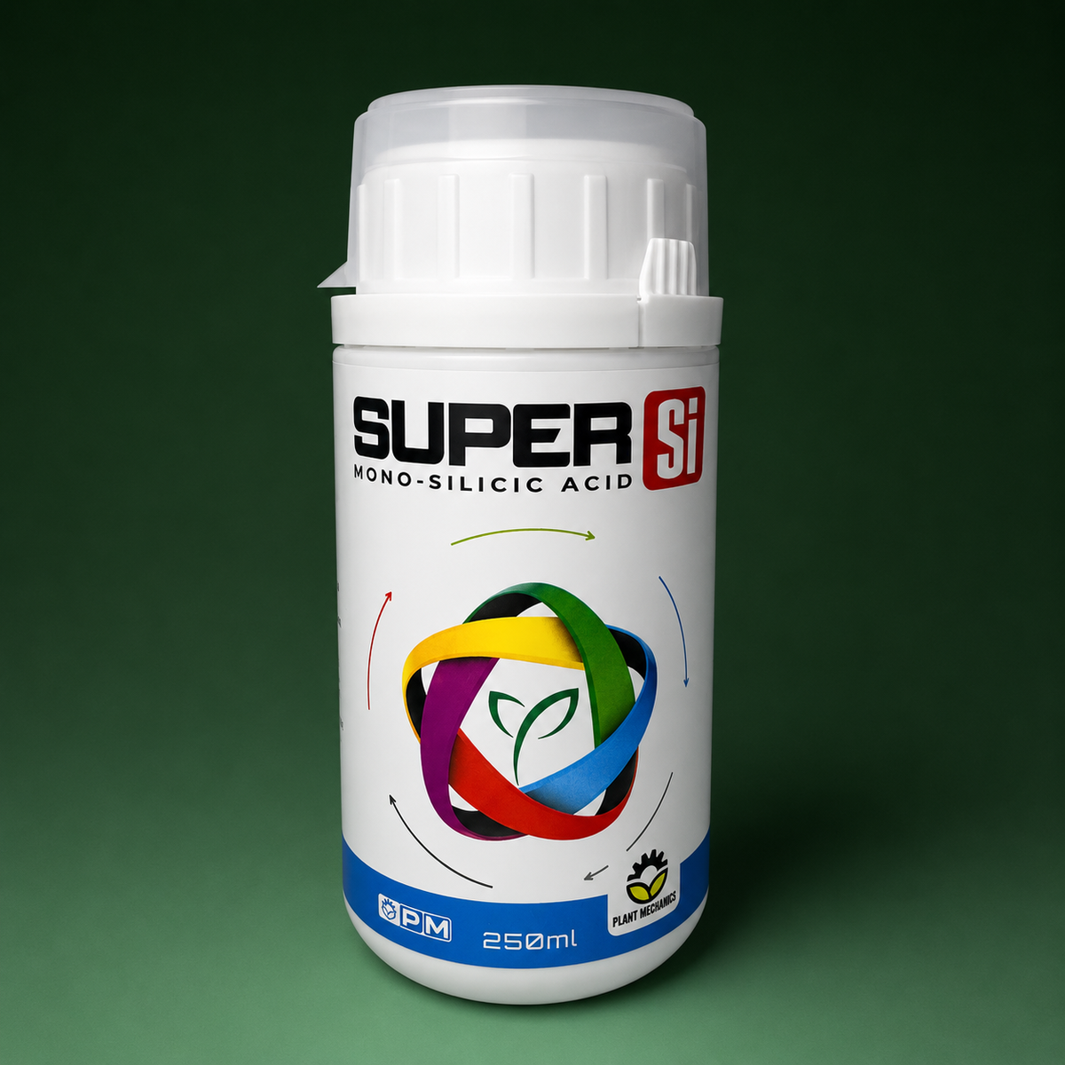 Premium three-quarter 3D render of the white Plant Mechanics Super Si 250 mL bottle on a dark green background.
