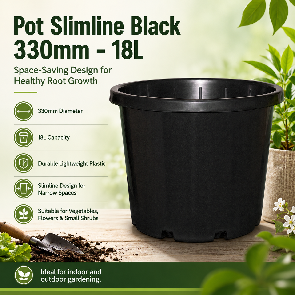 Pot Slimline Black 330mm - 18L