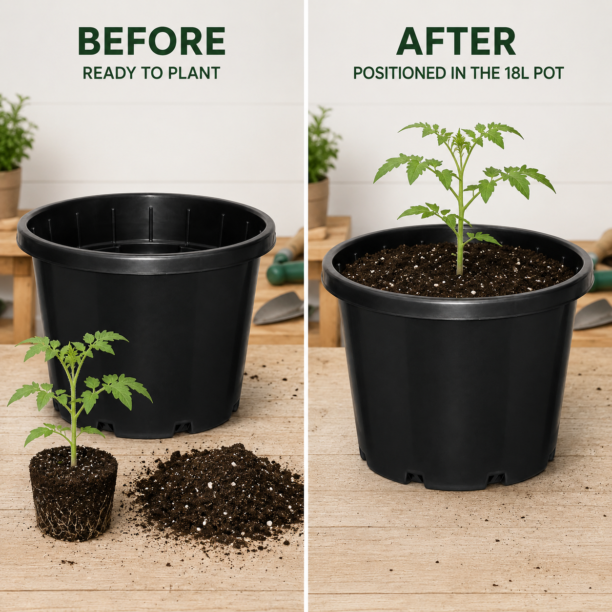 Before and after planting guide showing a tomato seedling positioned in the Pot Slimline Black 330mm - 18L without a growth claim.