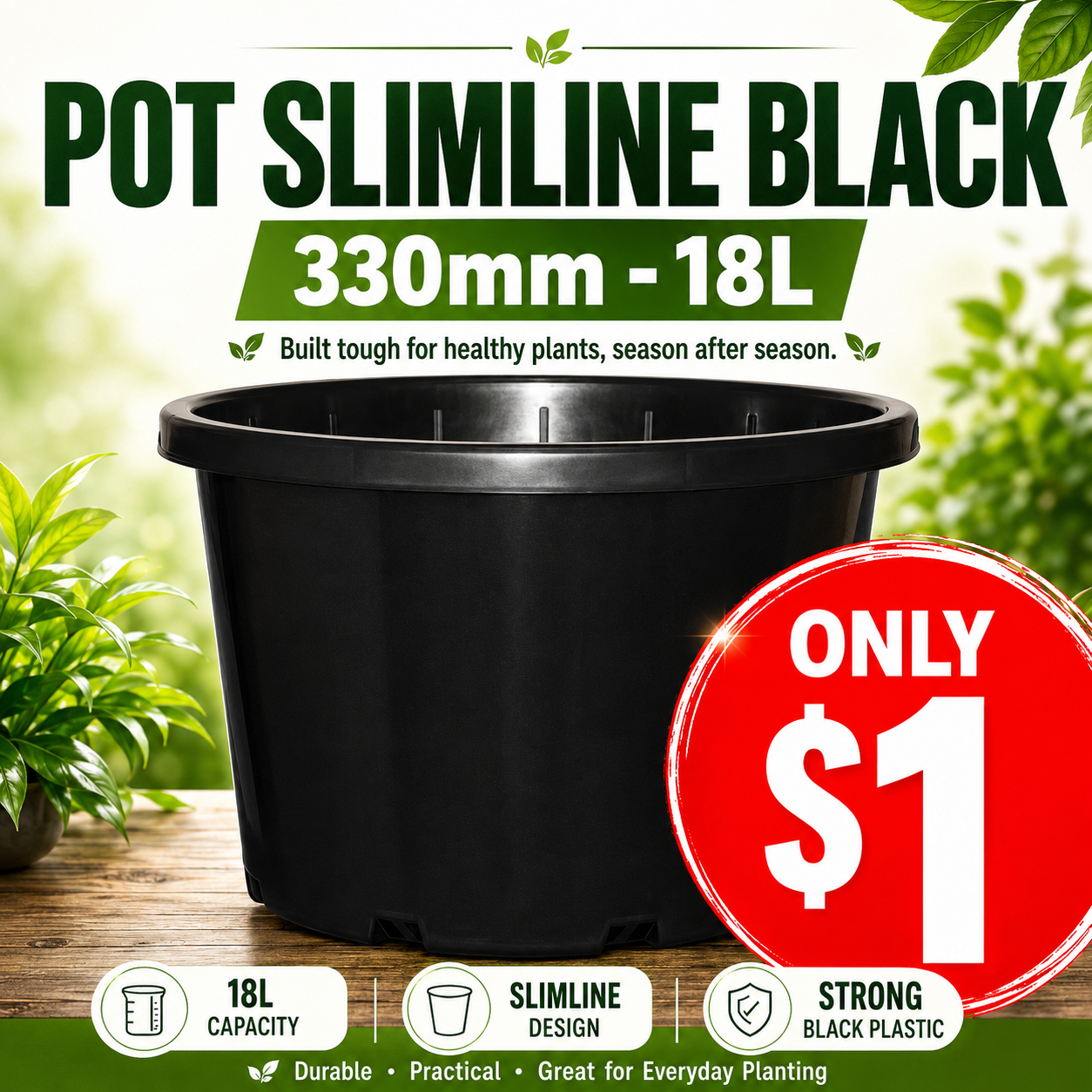 Pot Slimline Black 330mm - 18L