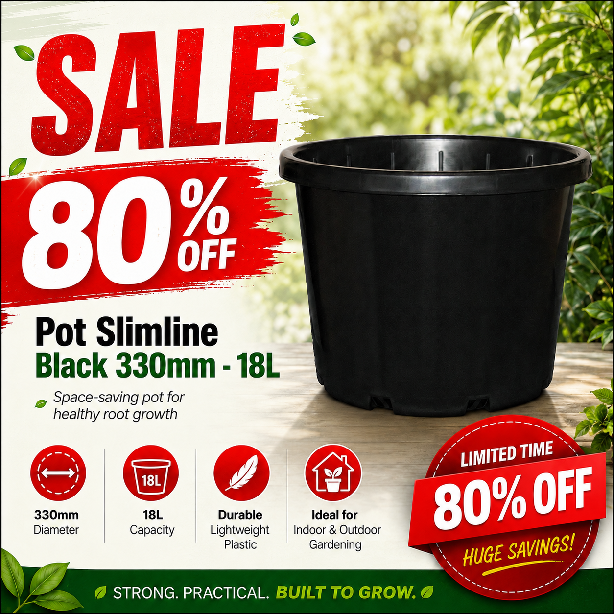 Pot Slimline Black 330mm - 18L
