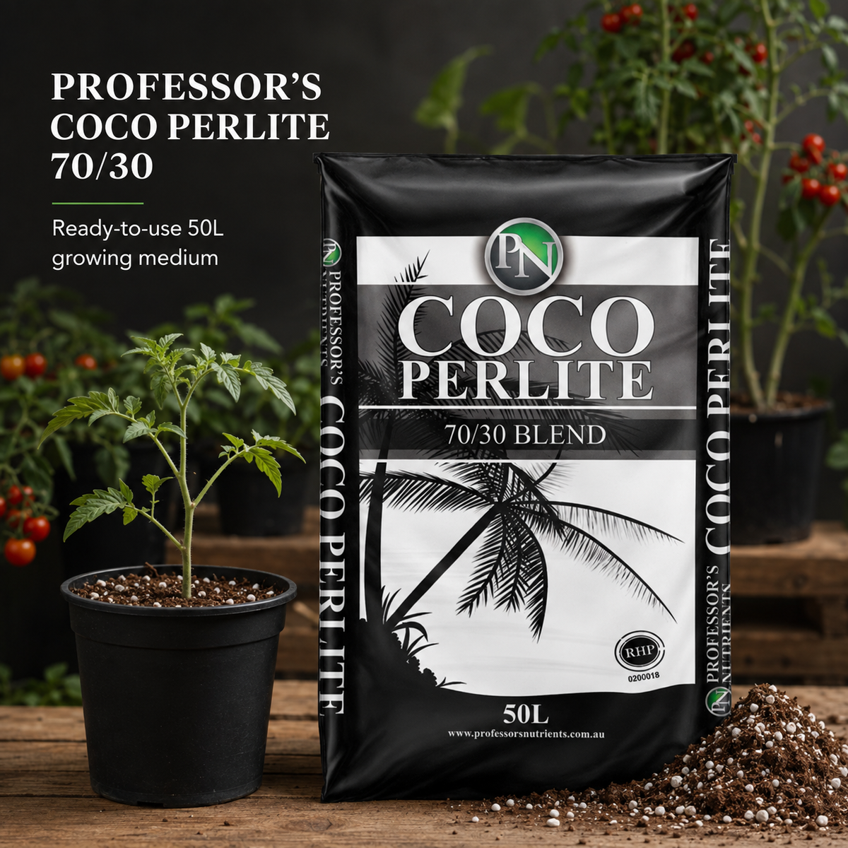 General product advertisement for Professors Coco Perlite 70/30 Blend 50L with a tomato seedling and coco-perlite growing medium.