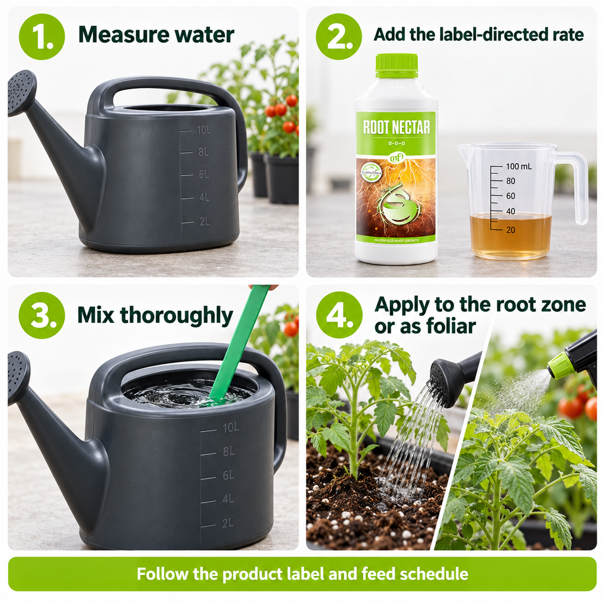 Four-step Nutrifield ROOT NECTAR guide: measure water, add the label-directed rate, mix thoroughly, then apply to the root zone or as foliar.