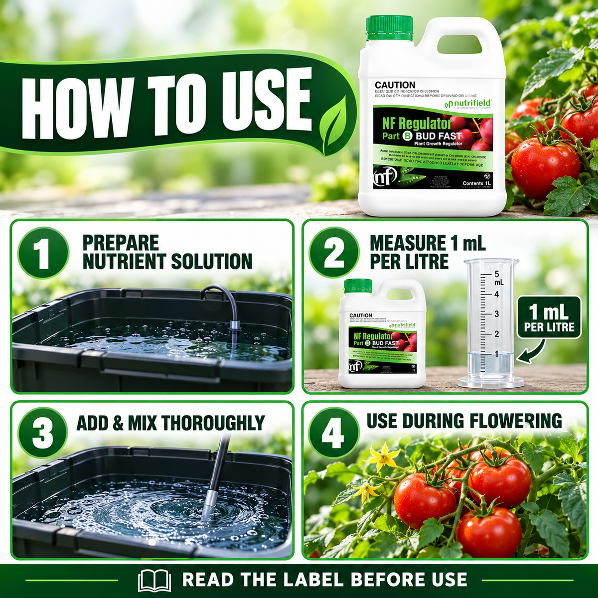 Four-step Regulator Bud Fast Part B guide: prepare nutrient solution, measure 1mL/L, add and mix, then use during flowering.