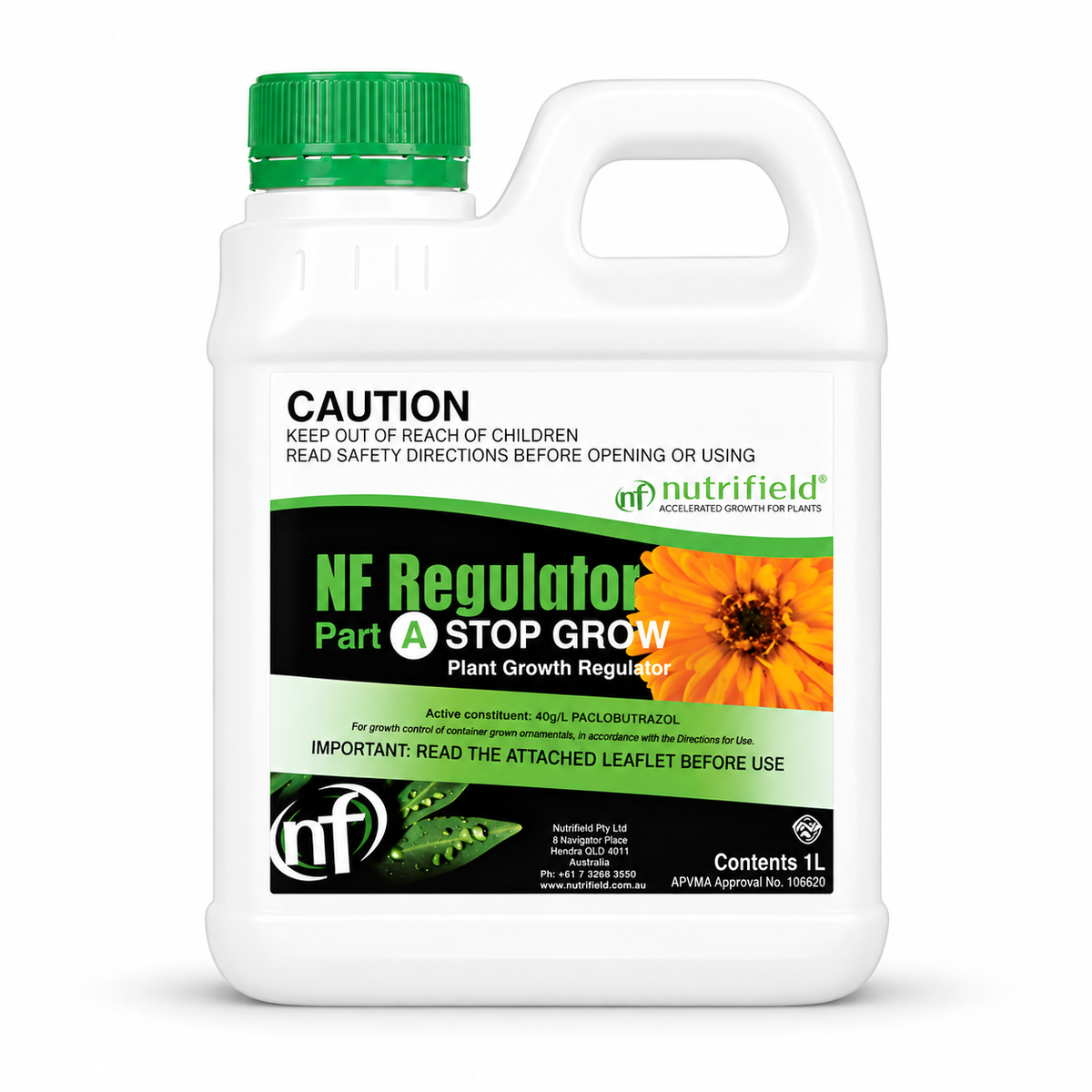 AI-created clean product render of Nutrifield NF Regulator Part A Stop Grow 1L on a white background.