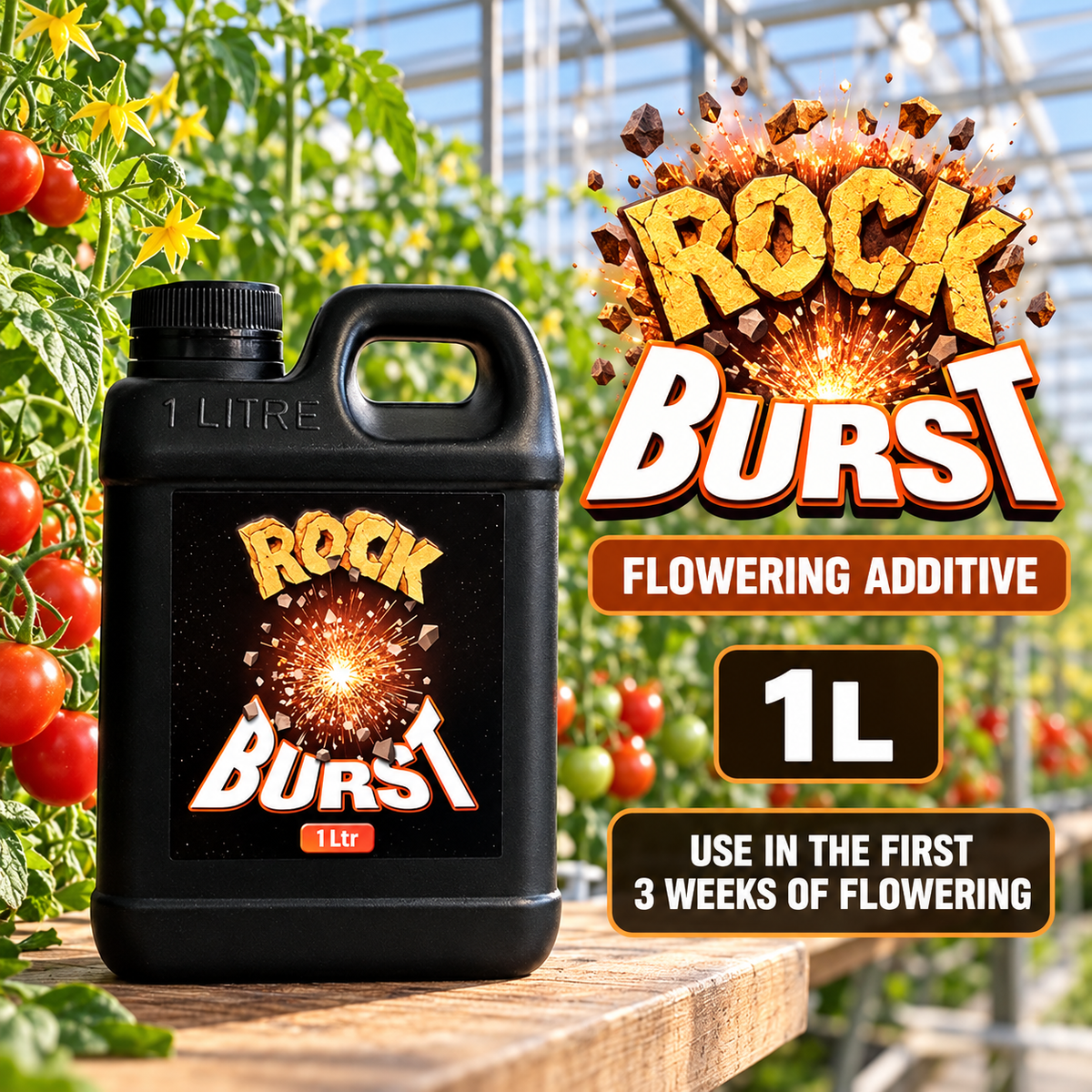 General advertisement for Rock Burst 1L in a tomato greenhouse, identifying it as a flowering additive for the first three weeks of flowering.