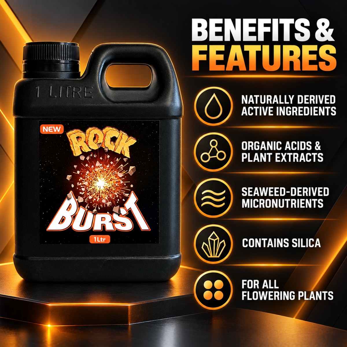 Rock Burst 1L benefits and features infographic listing naturally derived ingredients, organic acids, plant extracts, seaweed micronutrients and silica.