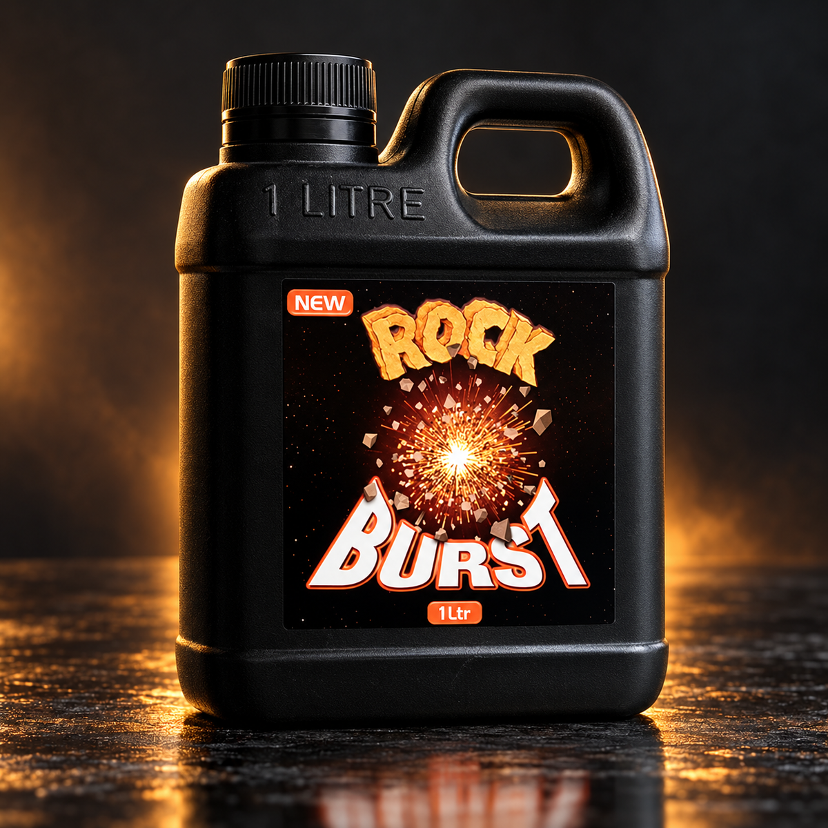 Premium three-quarter studio render of the black Rock Burst 1L jug on a dark charcoal and amber background.