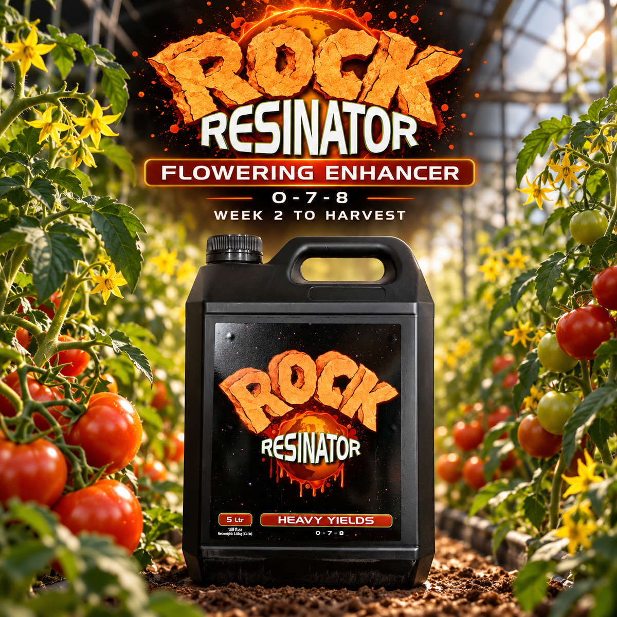 Rock Resinator 5L general advertisement in a flowering tomato greenhouse, identifying the 0-7-8 flowering enhancer for week 2 to harvest.