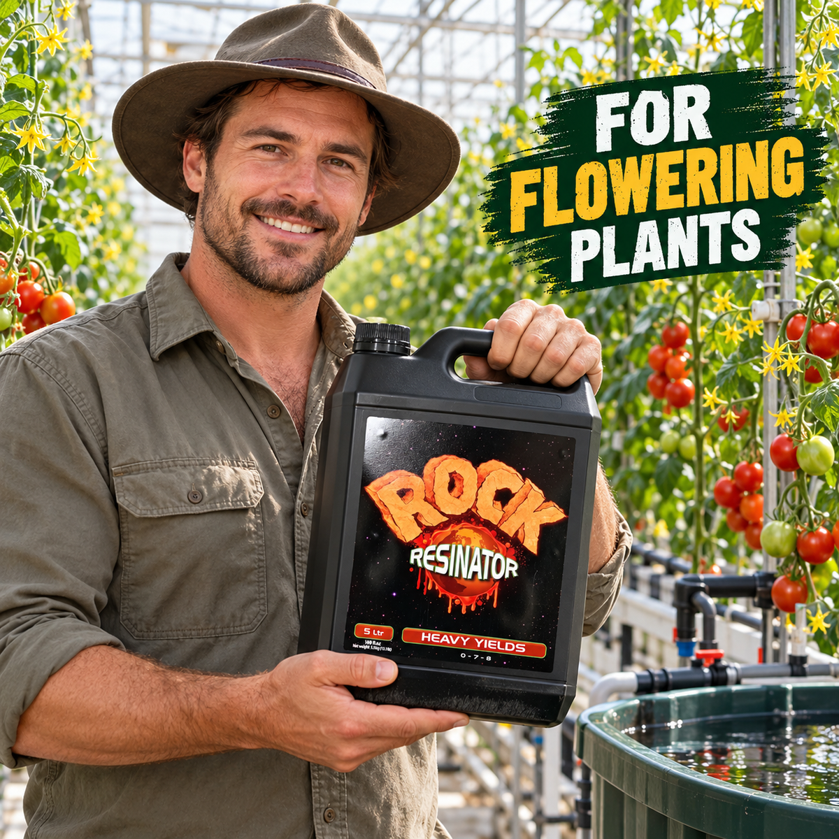 Adult Australian tomato greenhouse grower holding a closed Rock Resinator 5L container beside a nutrient reservoir.