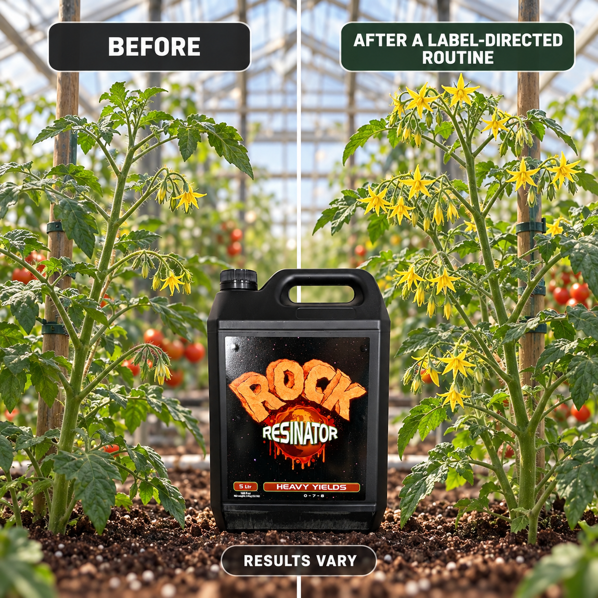 Illustrative flowering tomato plant comparison before and after a label-directed Rock Resinator routine; results vary.