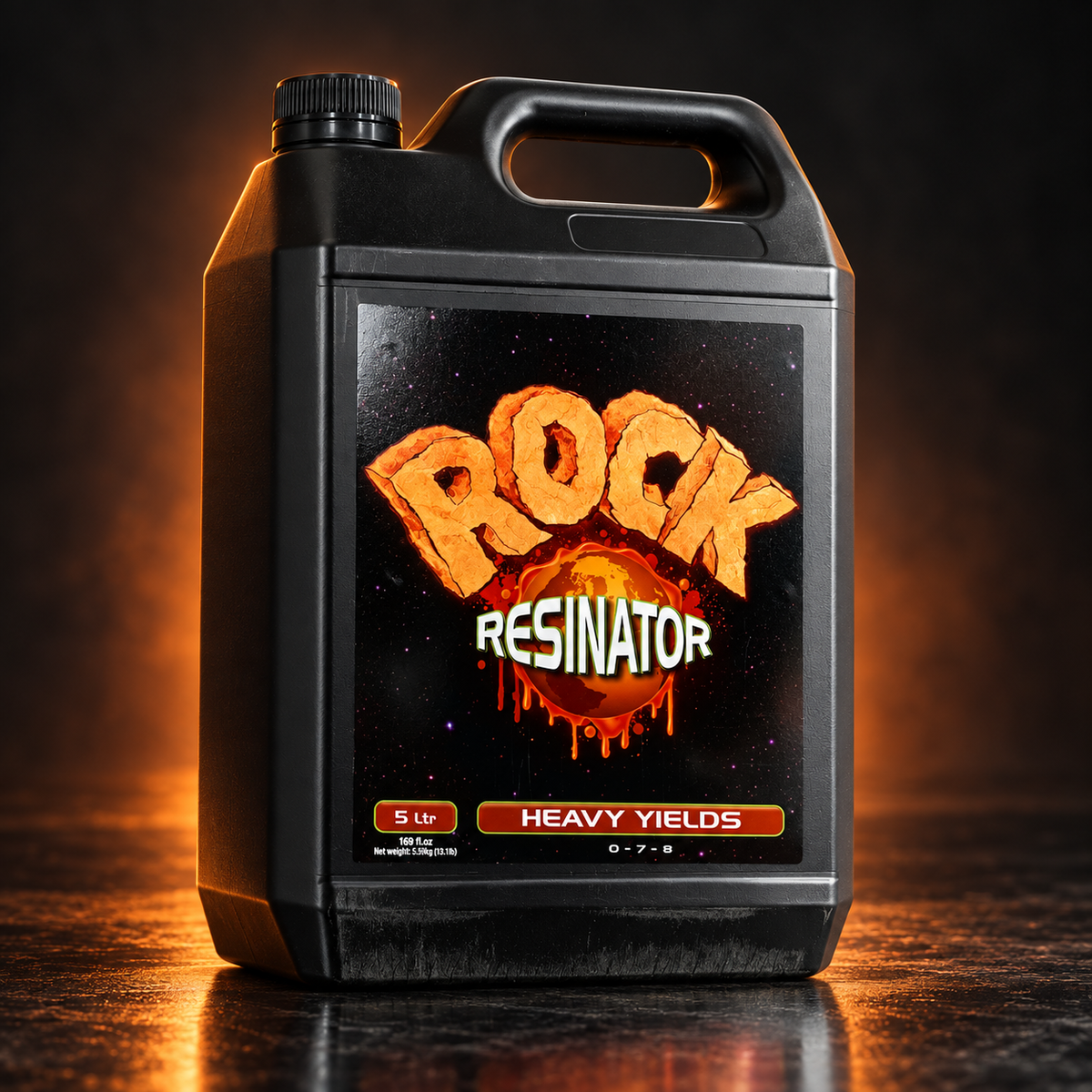 Premium three-quarter studio render of the black Rock Resinator 5L container on a dark charcoal and orange background.