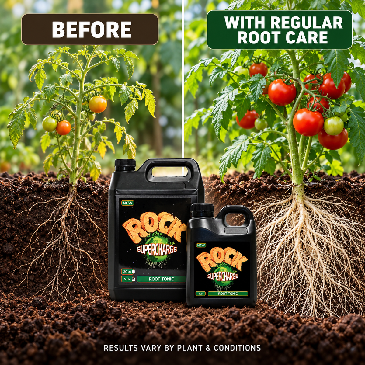 Tomato plant root-care comparison with ROCK Supercharge Root Tonic bottles