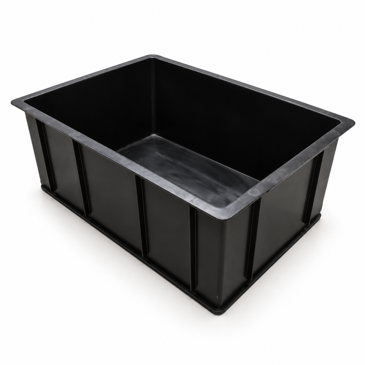 AI-created clean render of the empty Tub Solid Black 65L showing its black rectangular body, reinforced rim and vertical ribs on a white background.