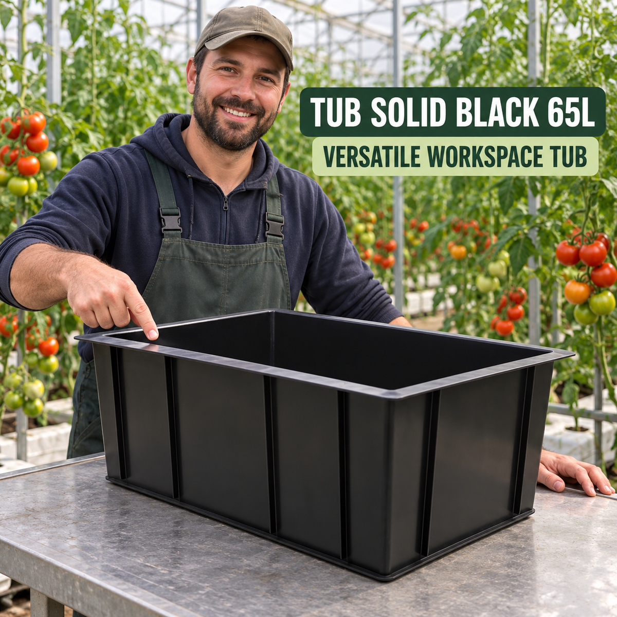Adult Australian greenhouse worker introducing the empty Tub Solid Black 65L beside tomato plants.