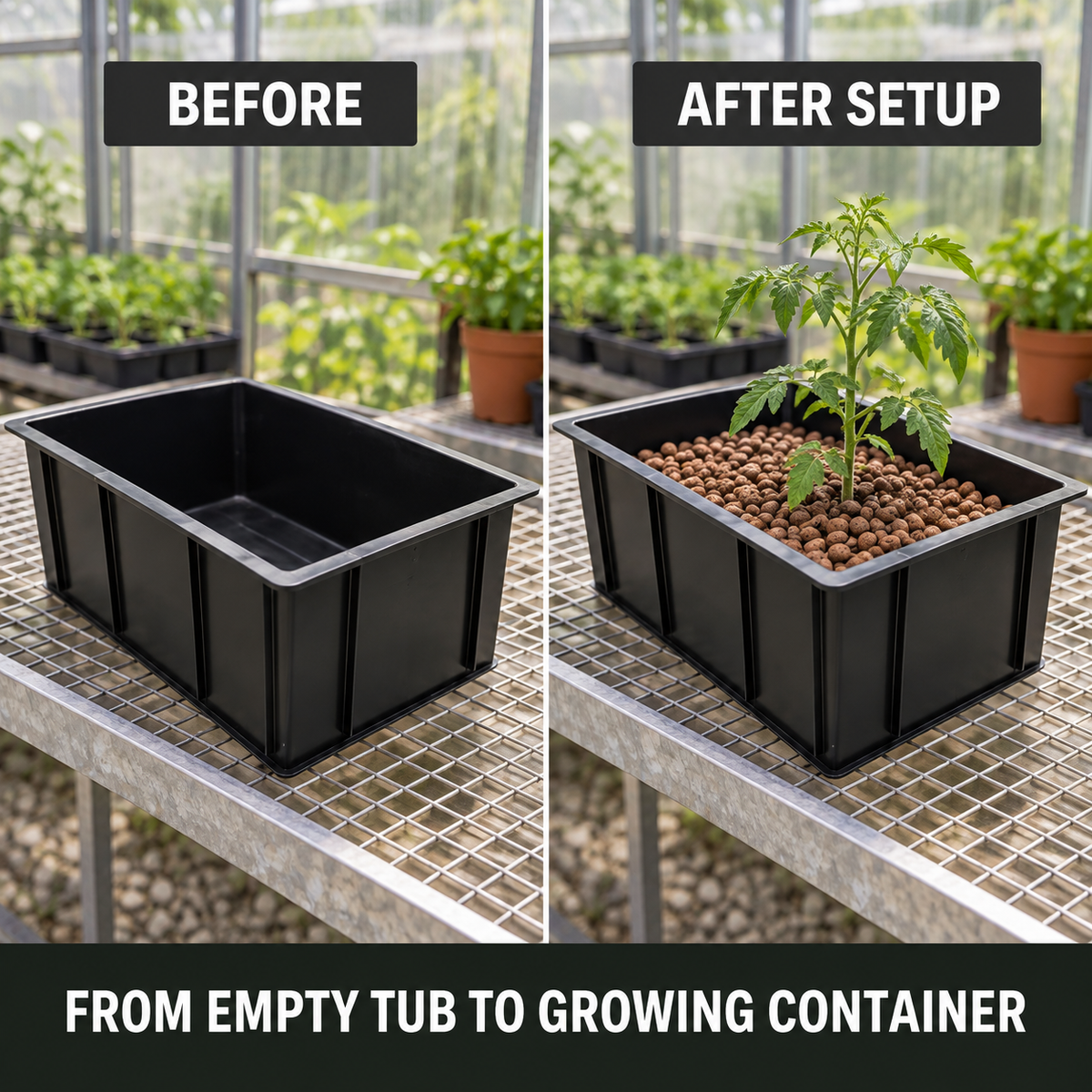 Before-and-after setup comparison showing the Tub Solid Black 65L empty and prepared as a tomato growing container with clay pebbles.