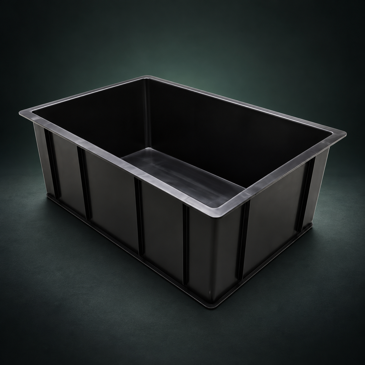 Premium three-quarter 3D render of the empty Tub Solid Black 65L on a dark green studio background.