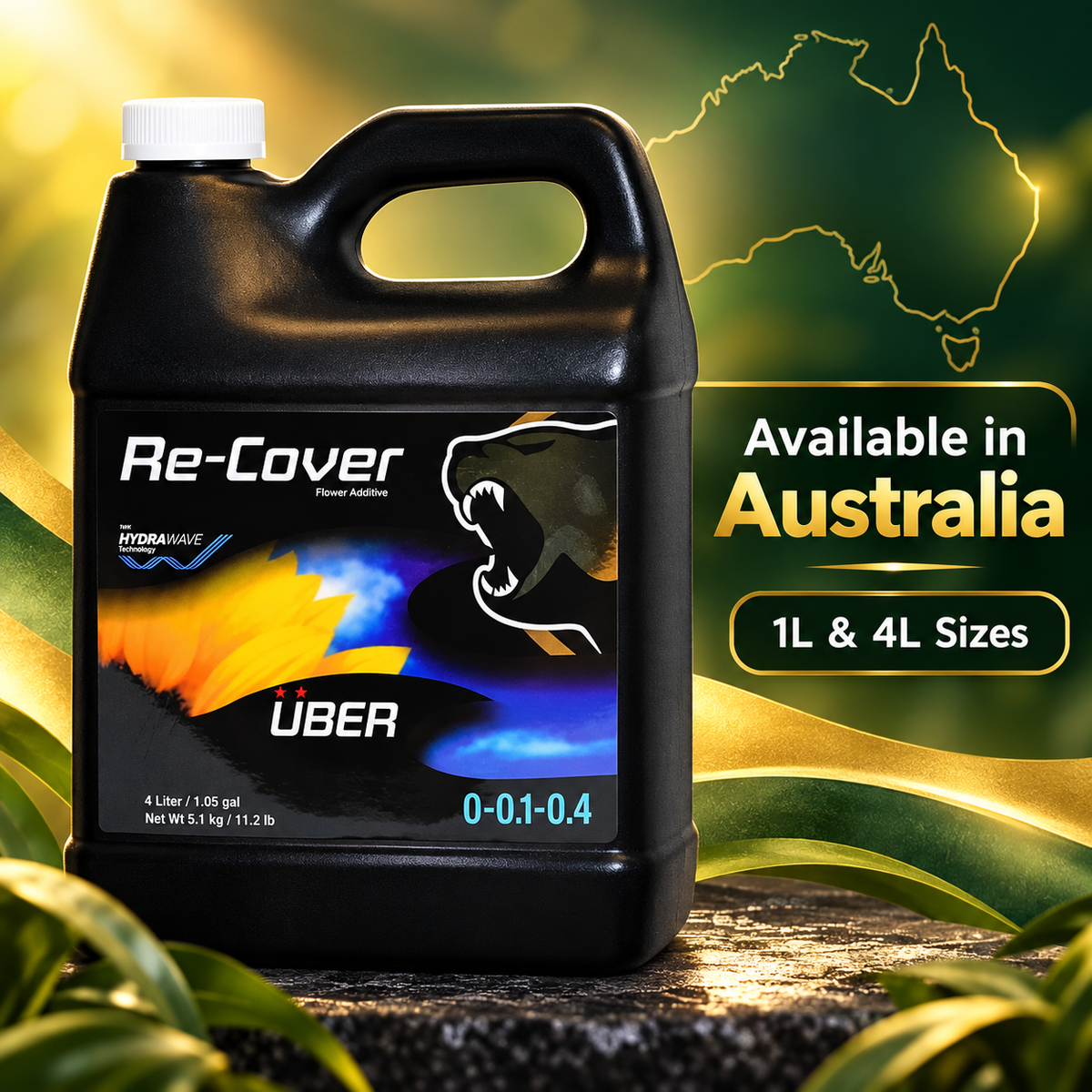 AI-created Uber Recover Australia availability graphic showing the black Re-Cover bottle and 1L and 4L sizes.