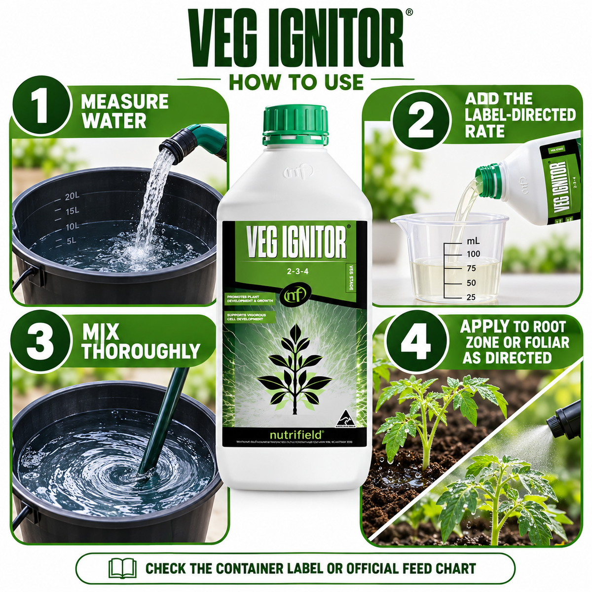 Four-step Nutrifield Veg Ignitor mixing and application guide with label-directed rate and tomato seedlings.