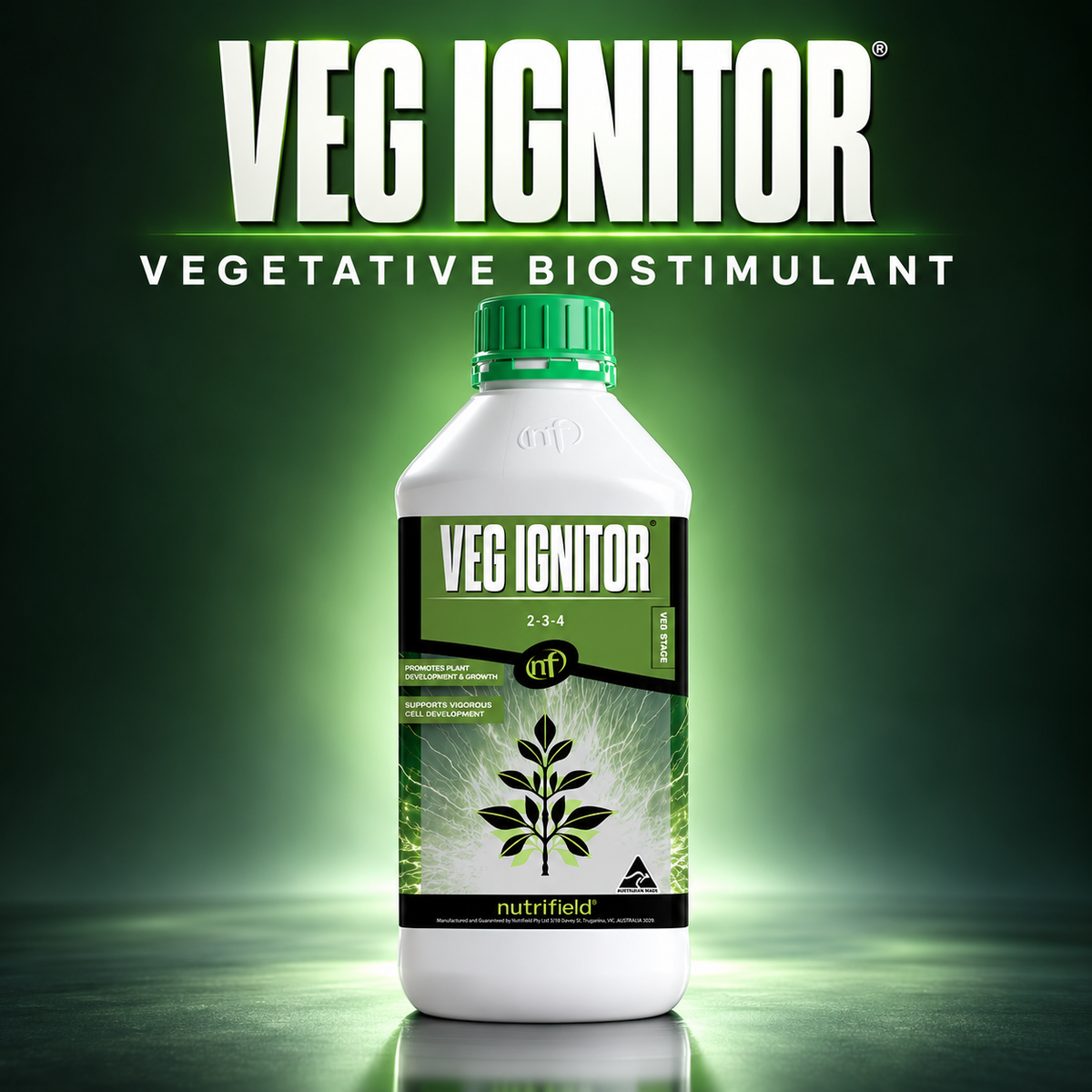 Premium studio render of the white and green Nutrifield Veg Ignitor 1L bottle.