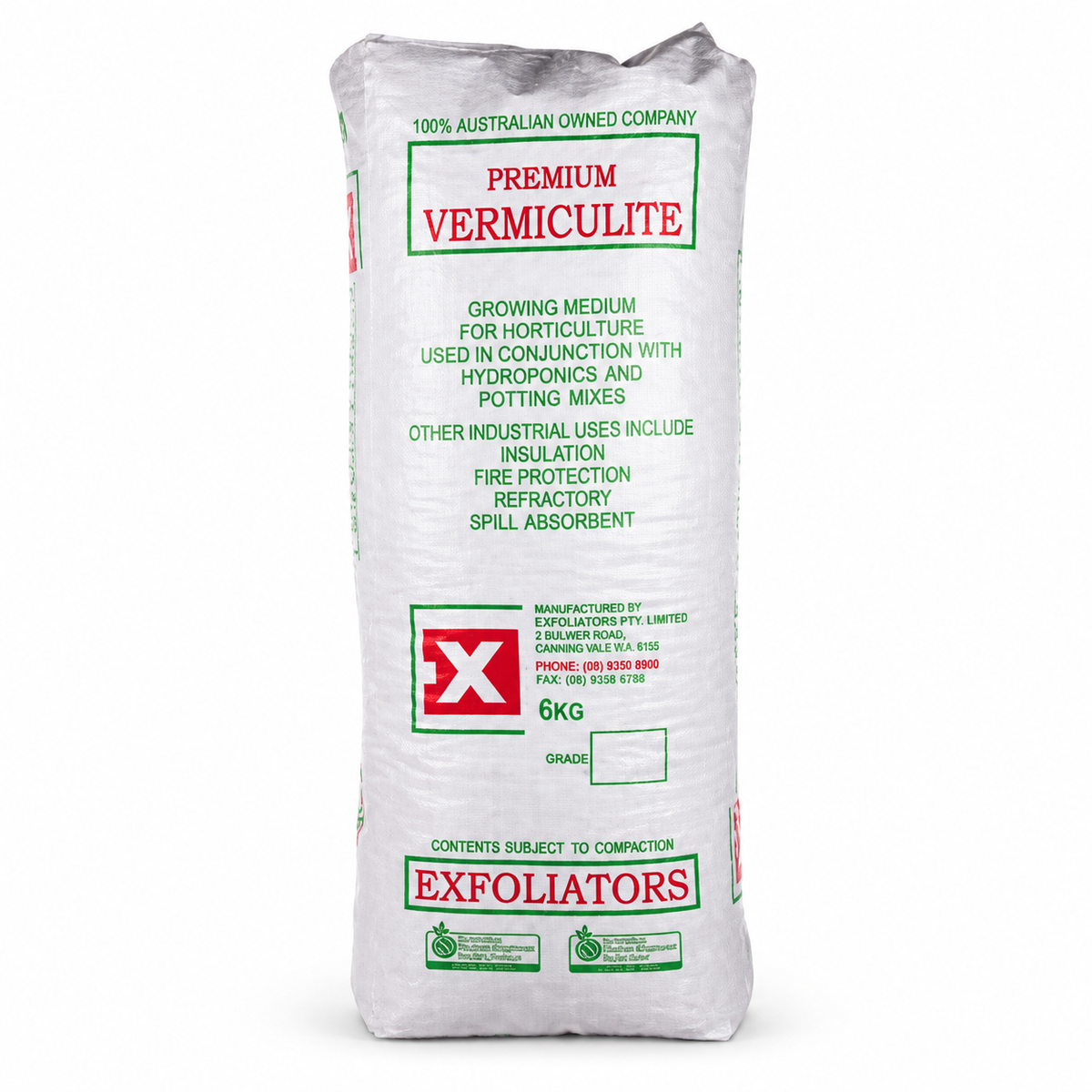 AI-created clean studio render of the Exfoliators Premium Vermiculite 100L bag on a white background.