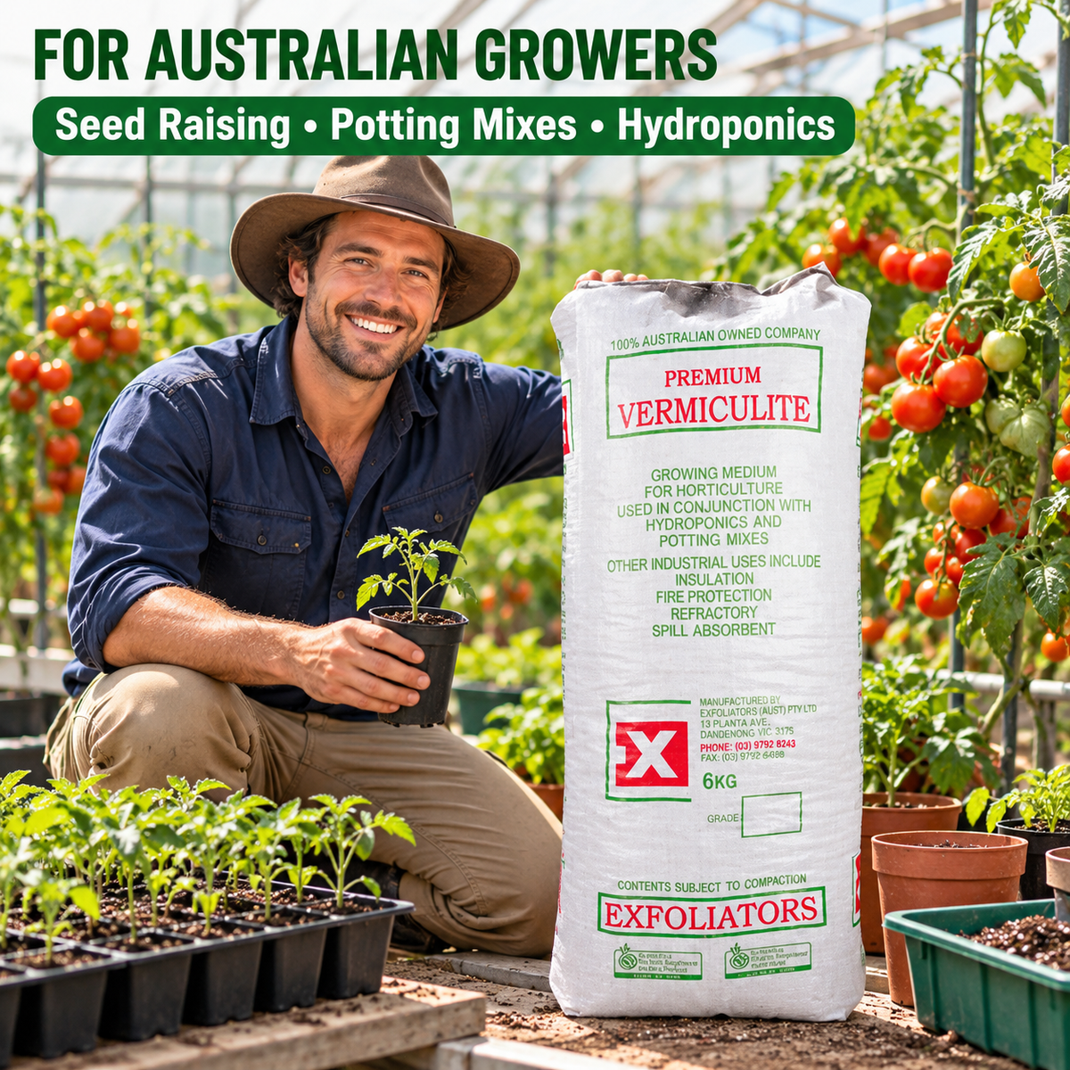 AI-created Australian greenhouse grower presenting an Exfoliators Premium Vermiculite 100L bag beside tomato plants, seedling trays and pots.