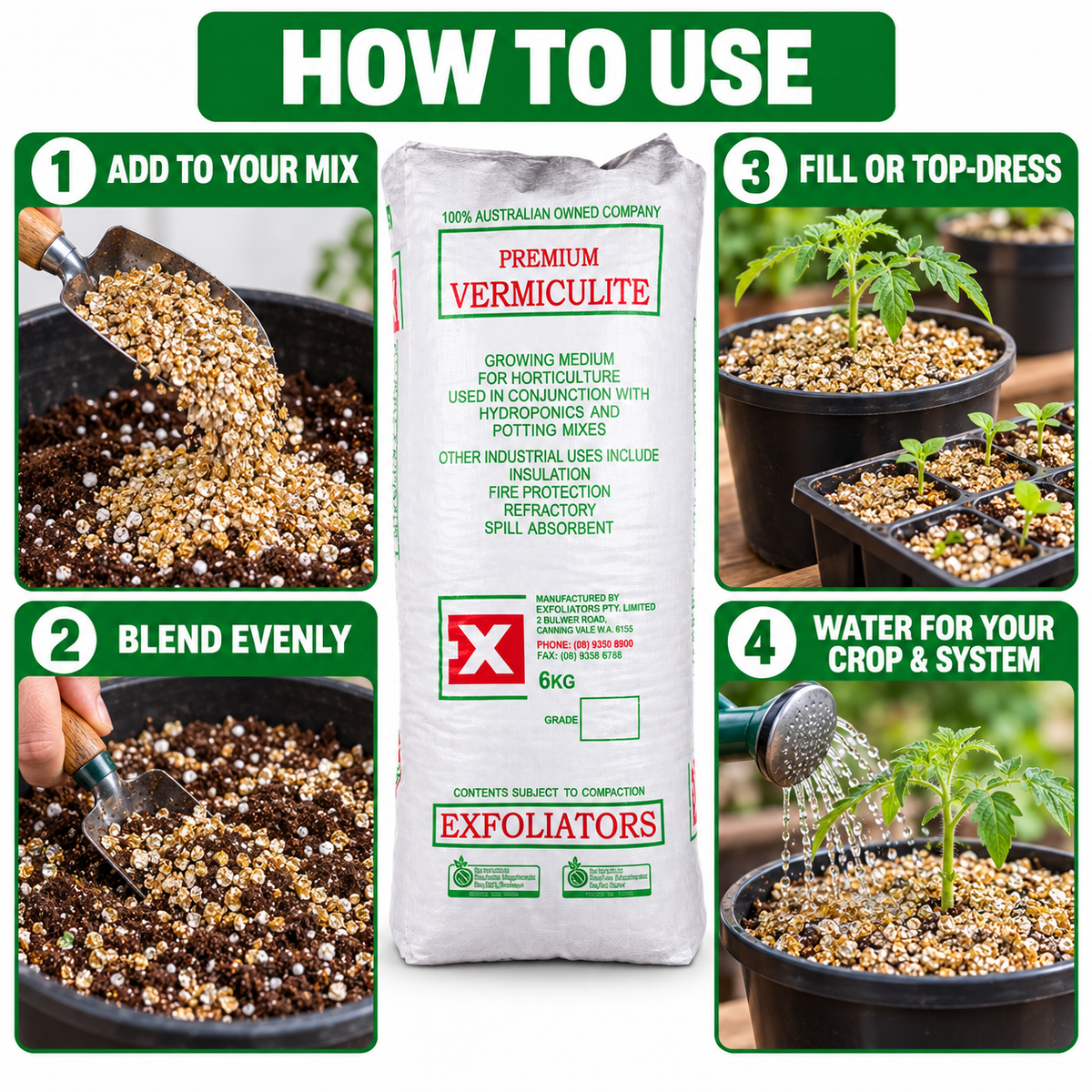 AI-created four-step guide showing how to add, blend, fill or top-dress and water with Exfoliators Premium Vermiculite.