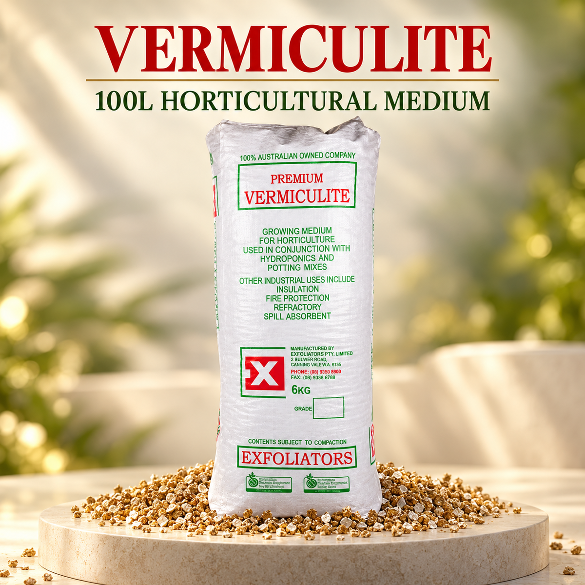 AI-created premium studio render of the Exfoliators Premium Vermiculite 100L bag with golden-brown vermiculite particles.