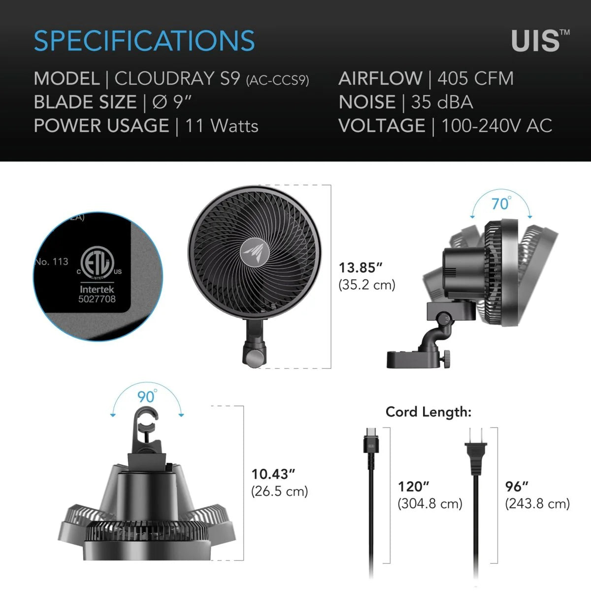 AC Infinity Cloudray S9 Gen 2 9” Clip Fan