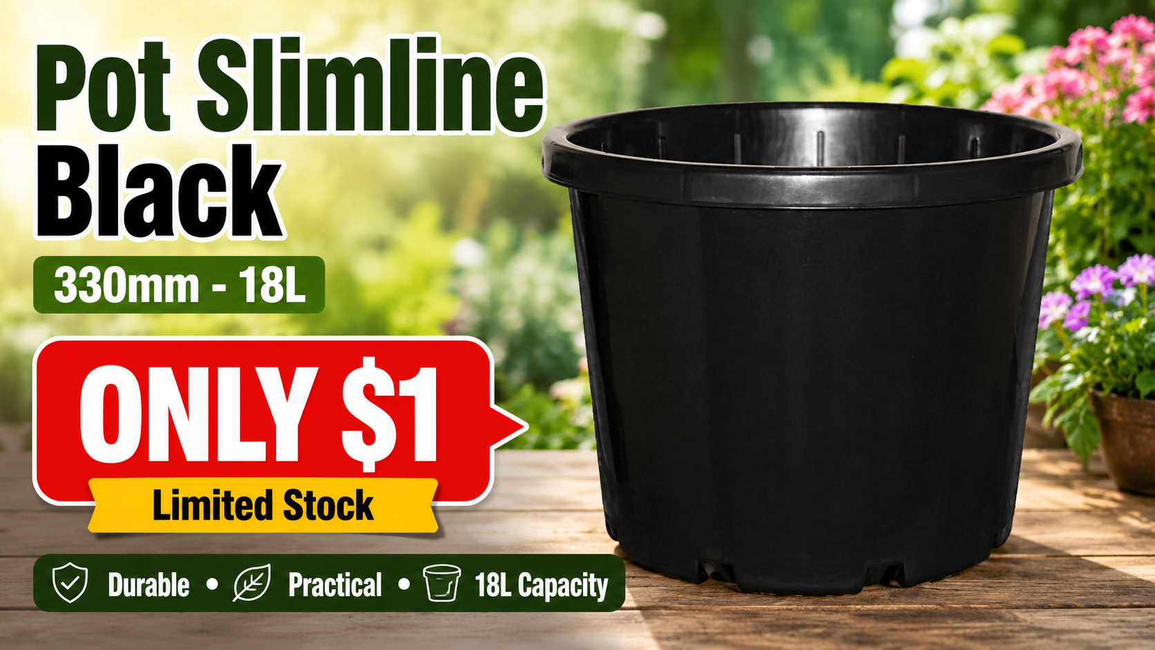 [SOLD OUT] Pot Slimline Black 330mm - 18L: Durable, Practical and Now Only $1