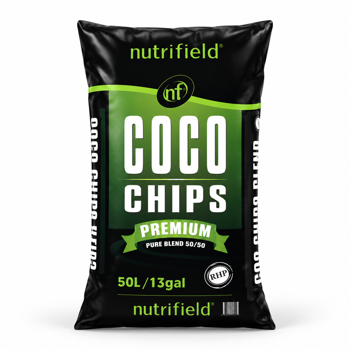 AI-created clean studio render of the Nutrifield Coco Chips Blend 50/50 50L RHP-certified bag on a white background.
