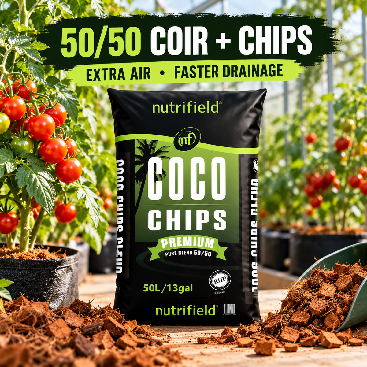 AI-created Nutrifield Coco Chips Blend 50/50 advertisement in a tomato greenhouse highlighting extra air and faster drainage.