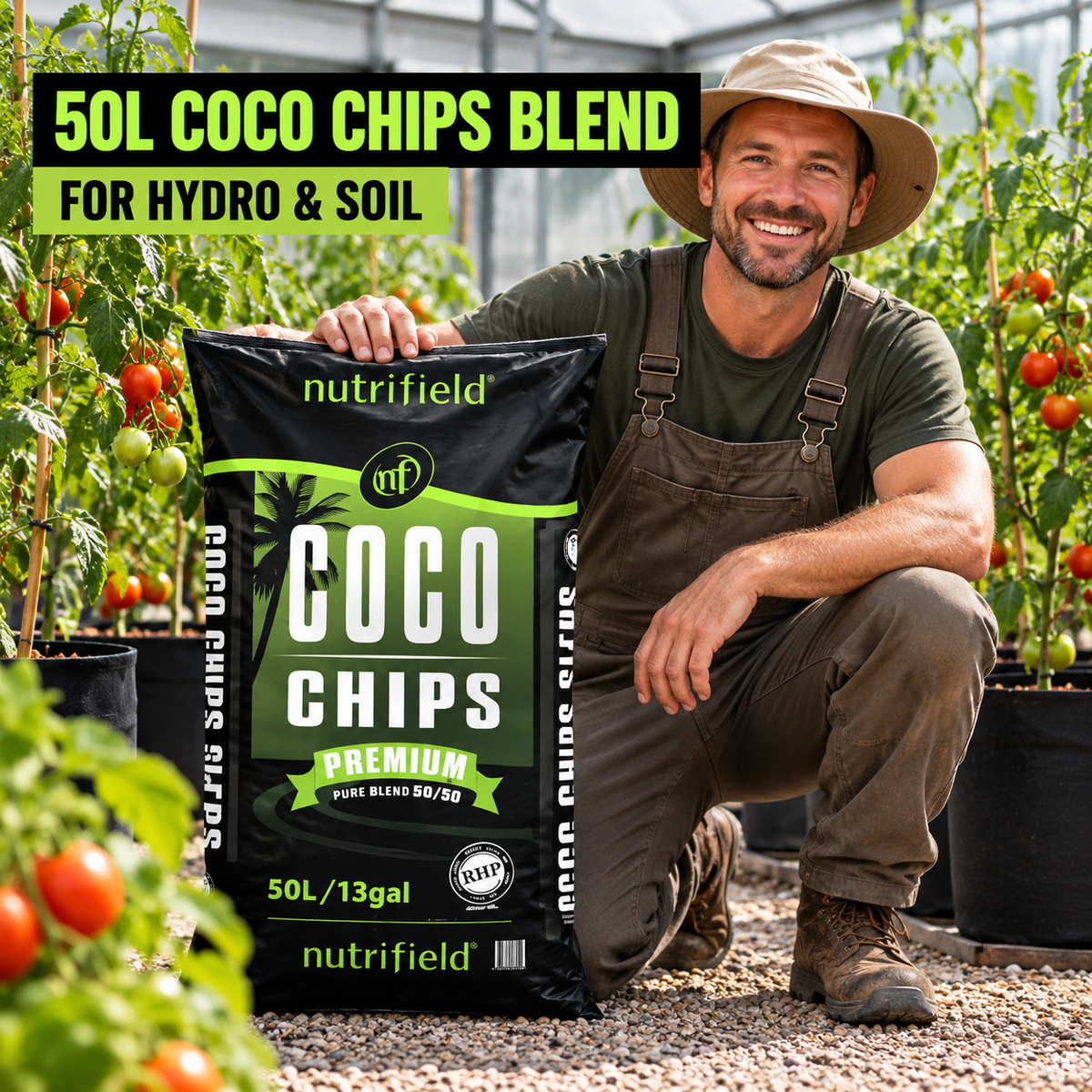 AI-created adult Australian greenhouse grower presenting a Nutrifield Coco Chips Blend 50/50 50L bag beside tomato plants.