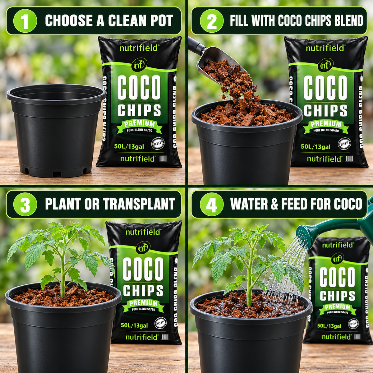 AI-created four-step guide to filling a clean pot, planting and watering and feeding in Nutrifield Coco Chips Blend 50/50.