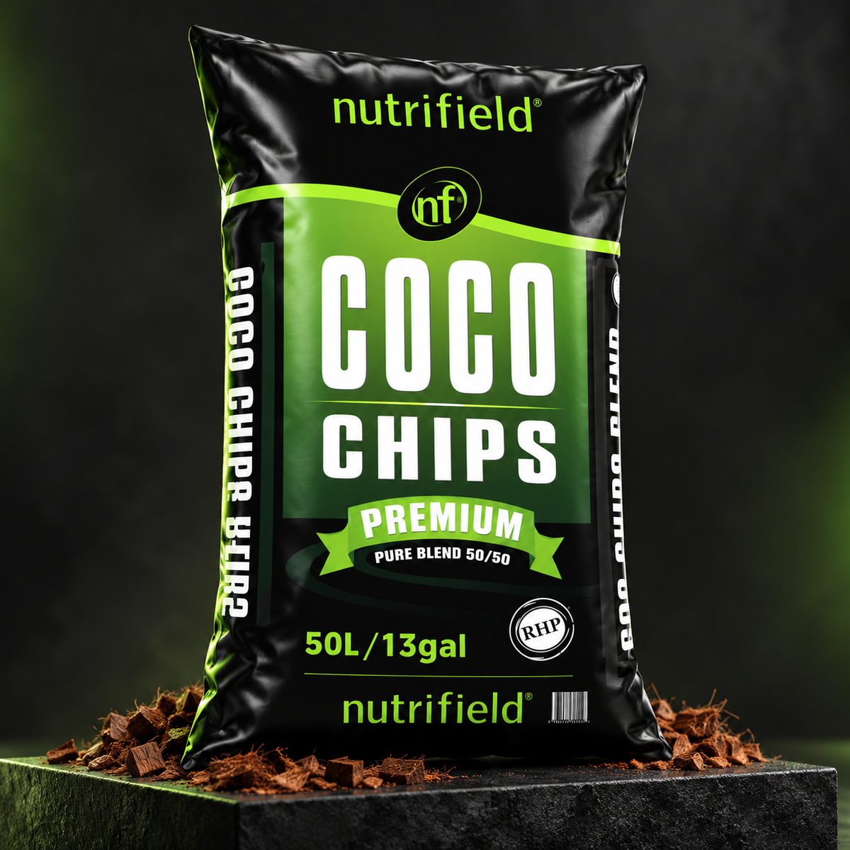 AI-created premium three-dimensional studio render of the Nutrifield Coco Chips Blend 50/50 50L bag.