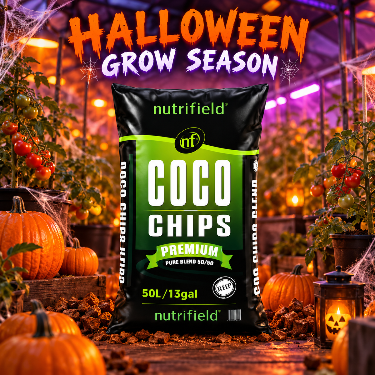 AI-created Halloween hero featuring Nutrifield Coco Chips Blend 50/50 50L with orange-purple greenhouse lighting and pumpkins.