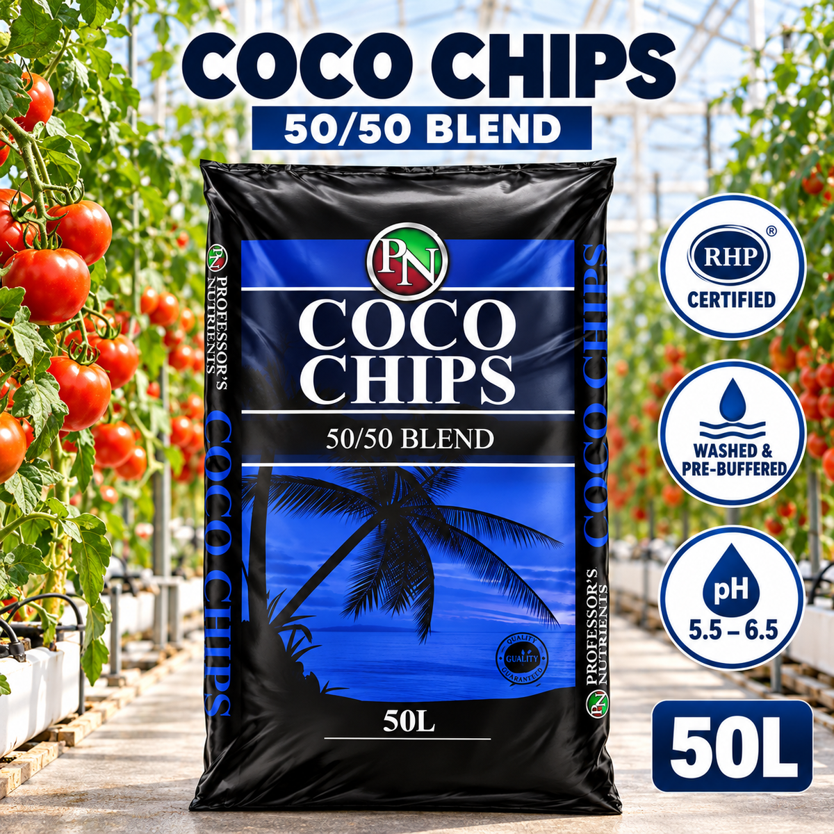 AI-created advertisement showing the Professor's Coco Chips 50/50 Blend 50L bag in a tomato greenhouse with verified product features.