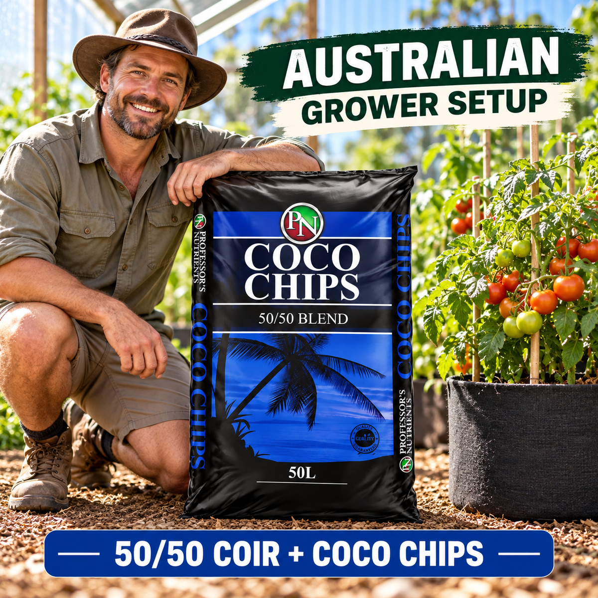 AI-created lifestyle image of an Australian greenhouse grower beside the Professor's Coco Chips 50/50 Blend 50L bag and tomato plants.