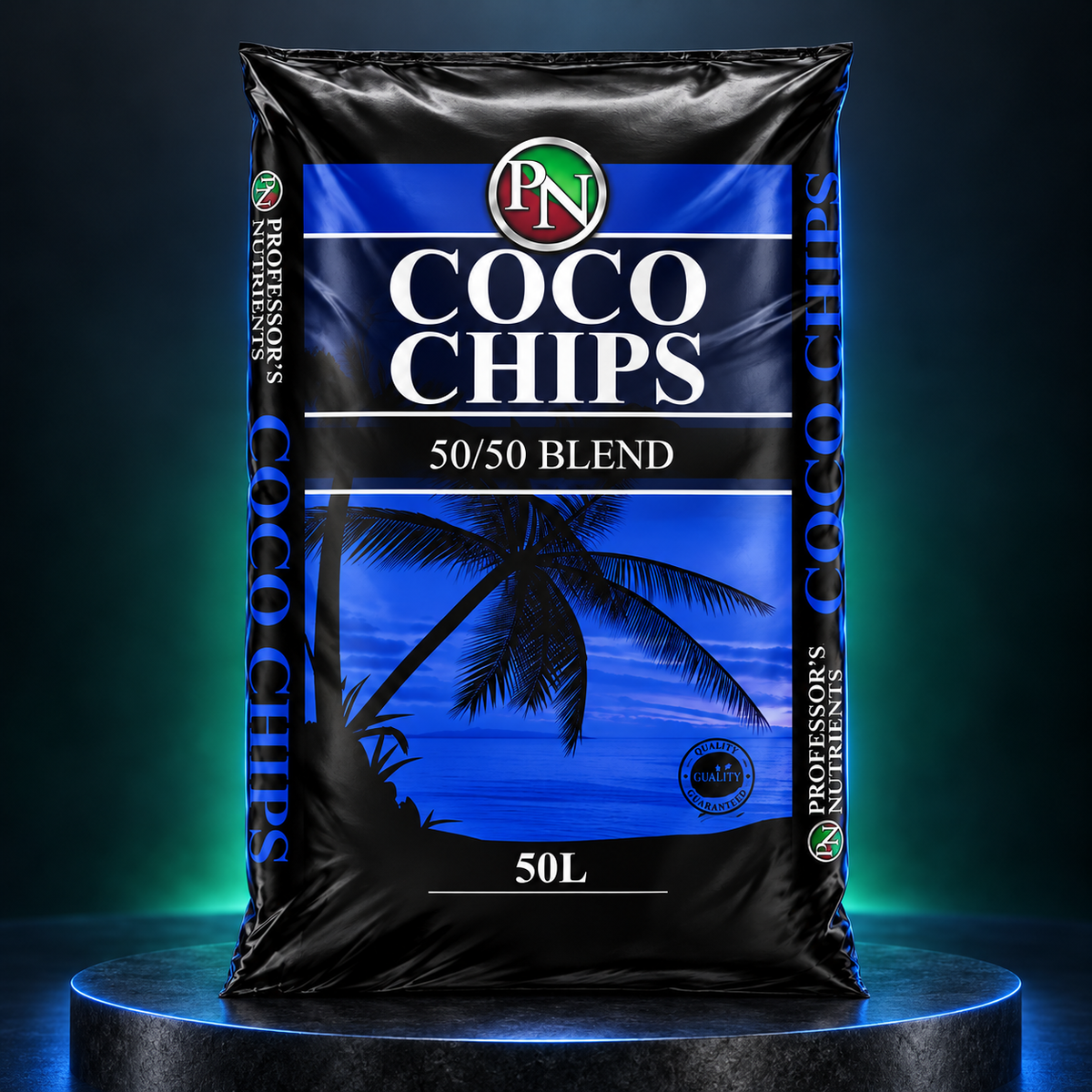 AI-created premium studio render of the Professor's Coco Chips 50/50 Blend 50L bag on a dark illuminated pedestal.